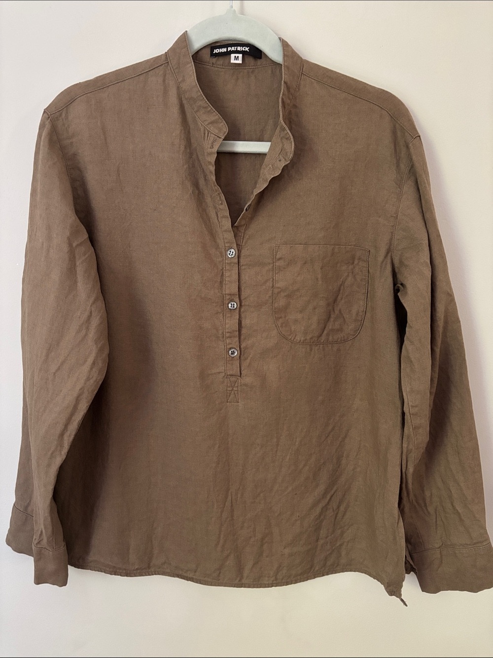 John Patrick 100% Linen Band Collar Henley Shirt M Long Sleeve Coastal Tunic